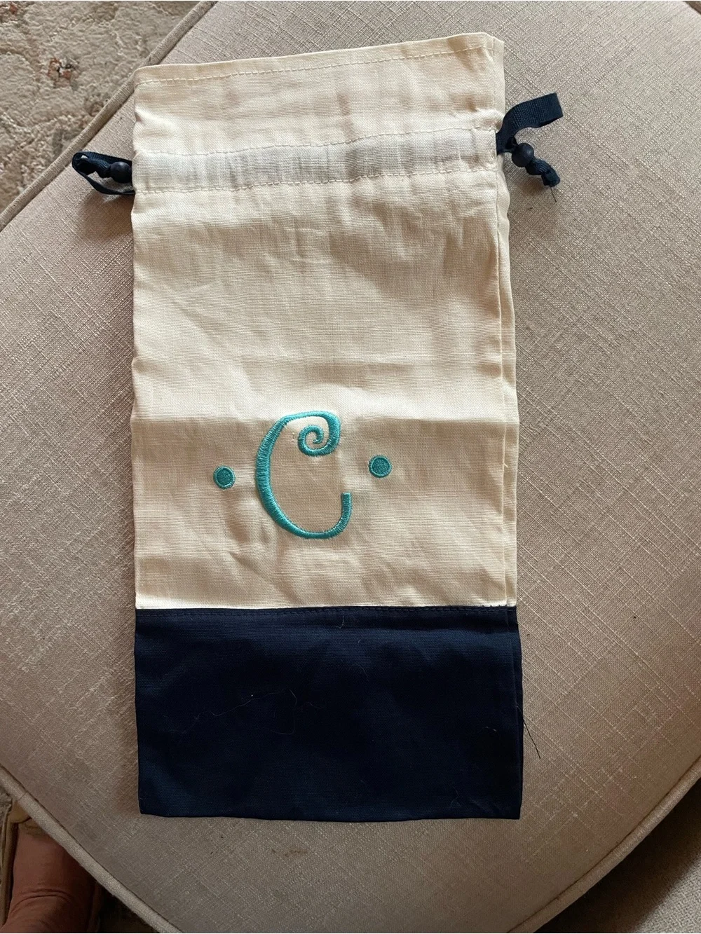Monogrammed Drawstring Bag with Teal 'C' Embroidery thirty one 7”x15”